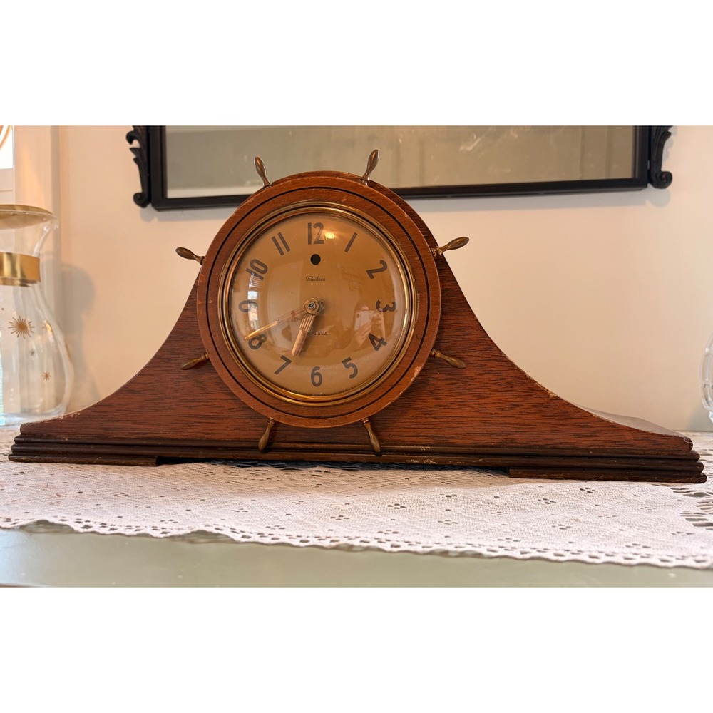 Vintage Telechron Ships Bell Wood Mantel Clock Nautical Ship Wheel - Picture 2 of 8